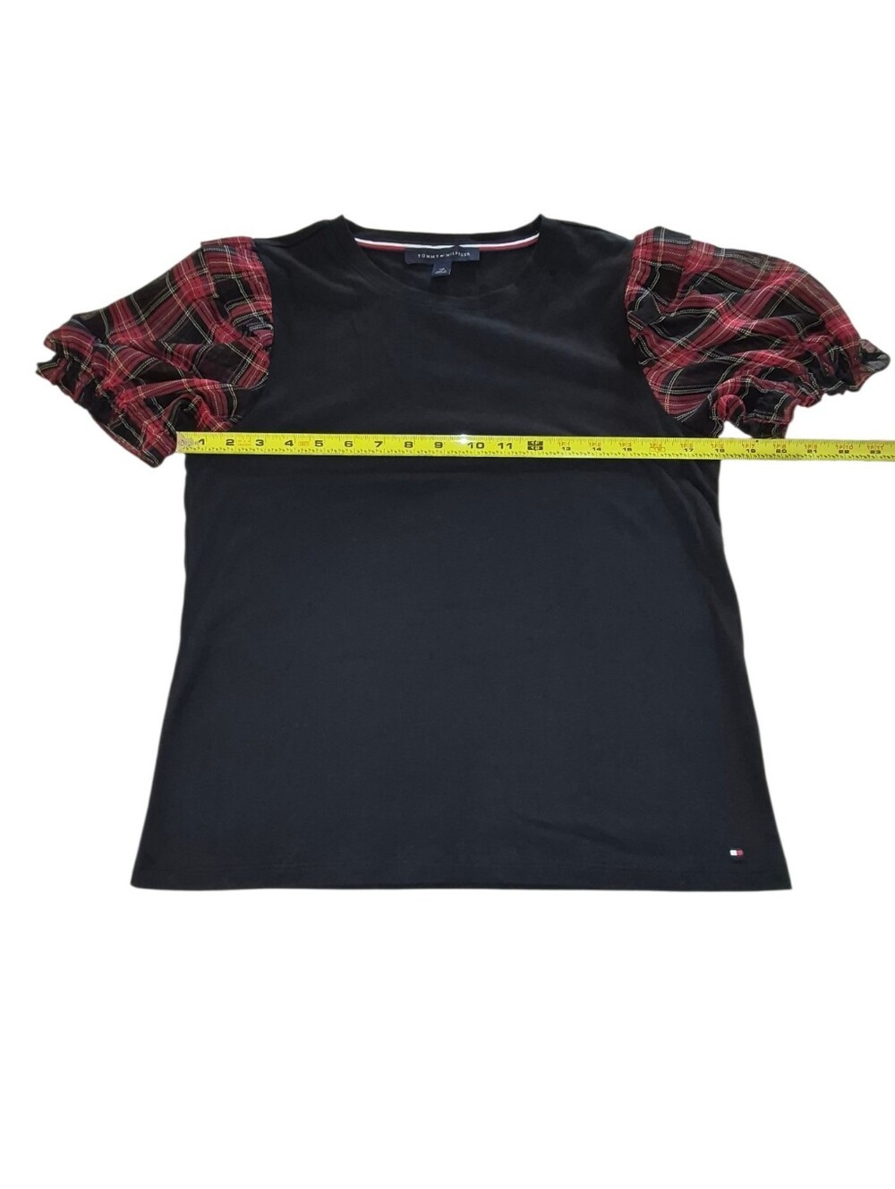 Tommy Hilfiger Mixed-Media Plaid Puff-Sleeve Top - Size Small